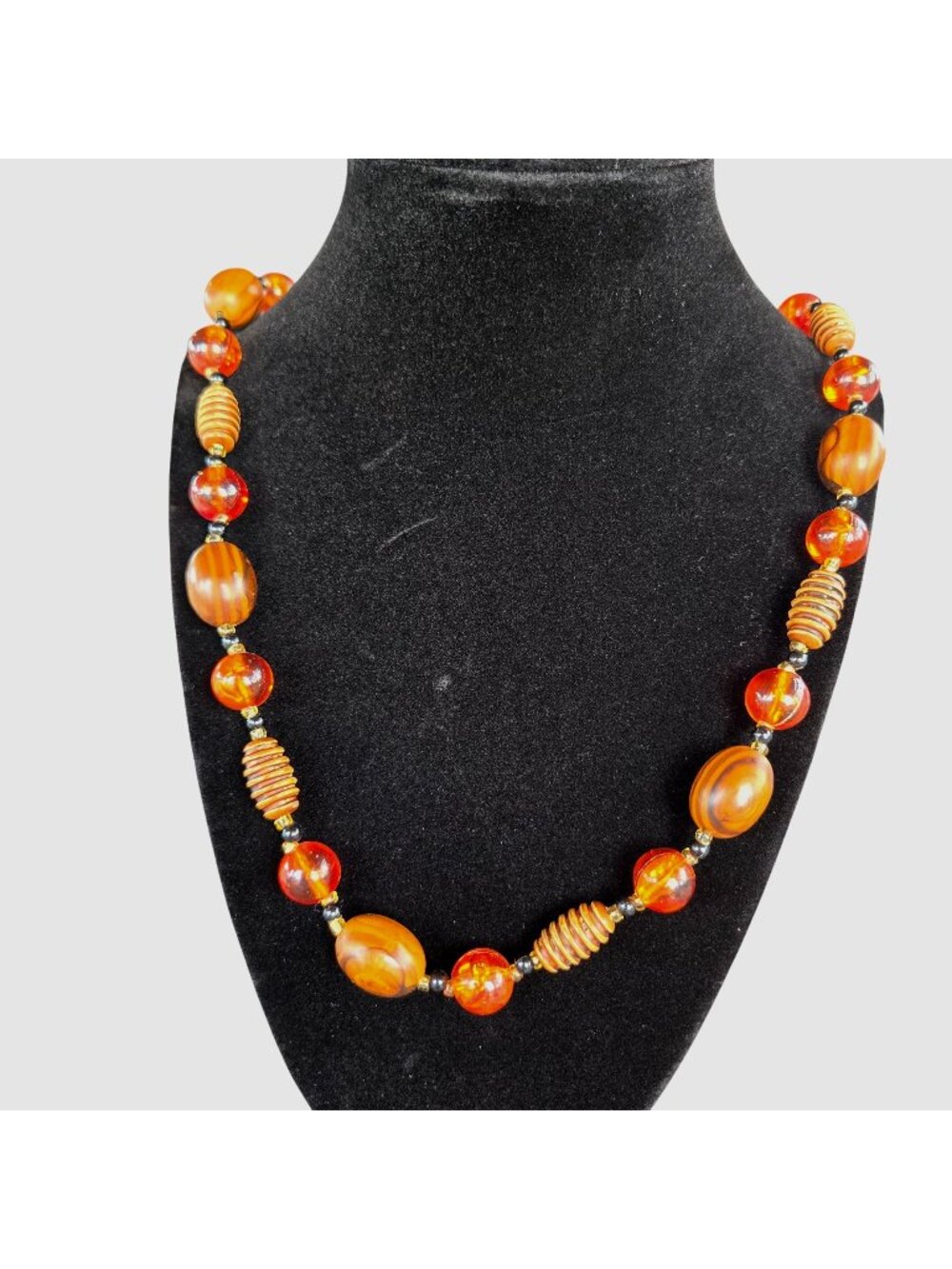 Vintage Lucite MCM Orange Brown Wood Ribbed Bead Single Strand Hong Kong